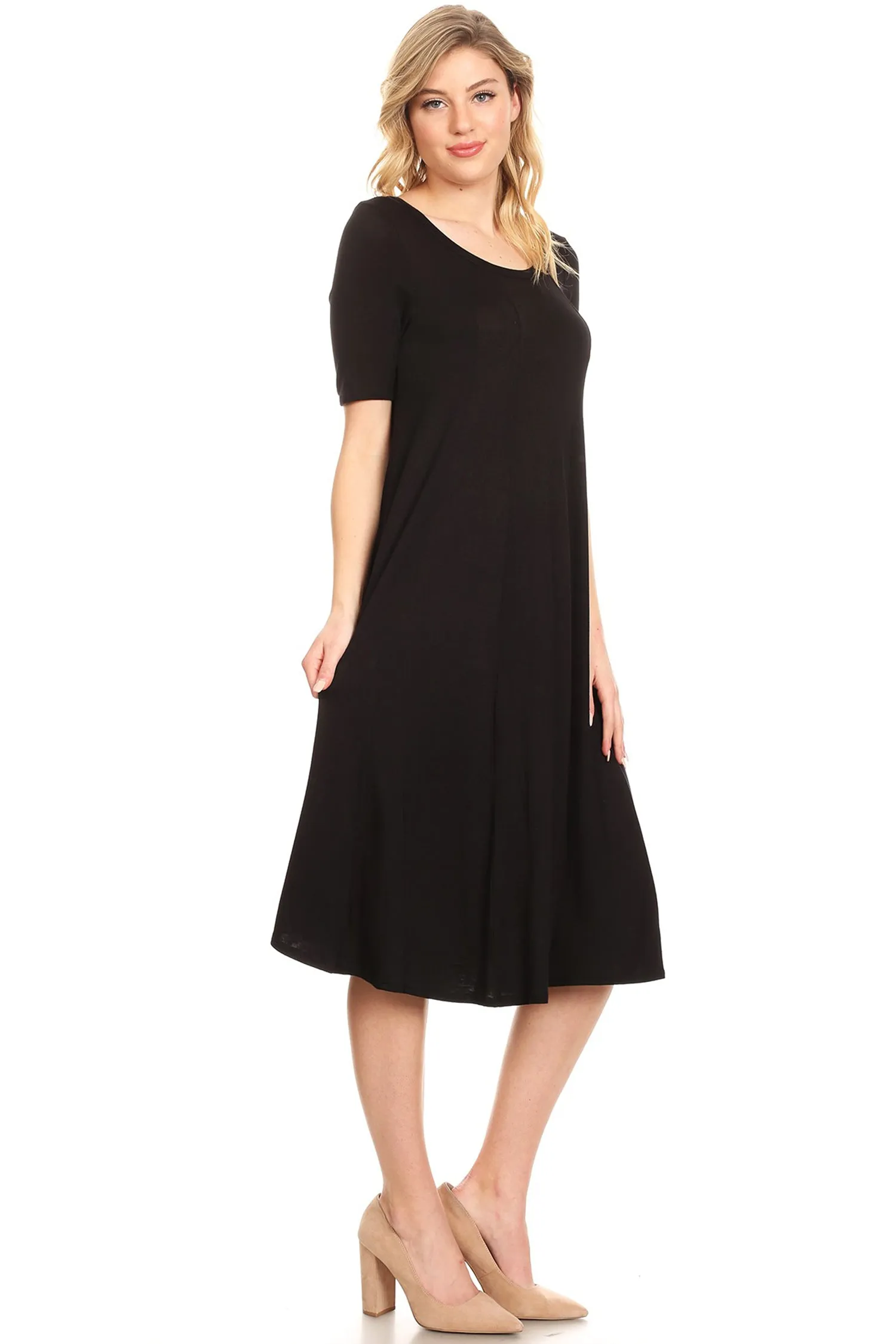 Women's Solid Casual Comfy Short Sleeve Jersey Knit A-Line Midi Dress
