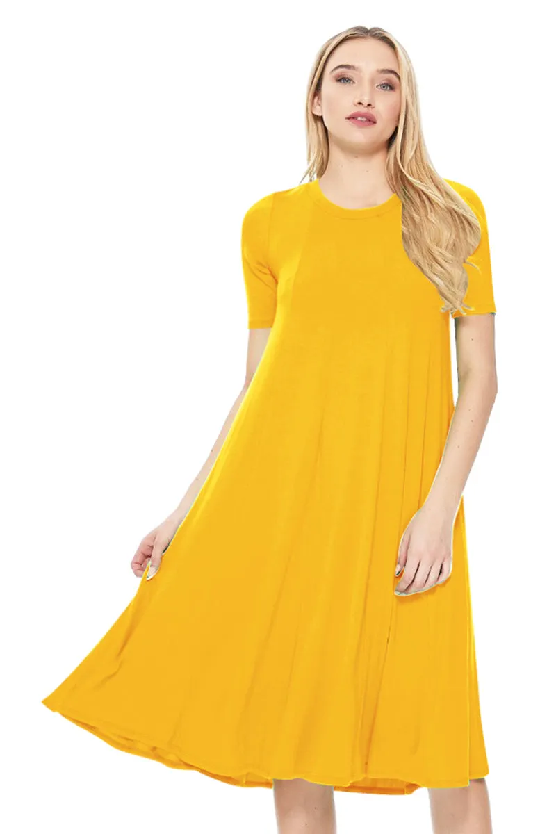 Women's Solid Casual Comfy Short Sleeve Jersey Knit A-Line Midi Dress