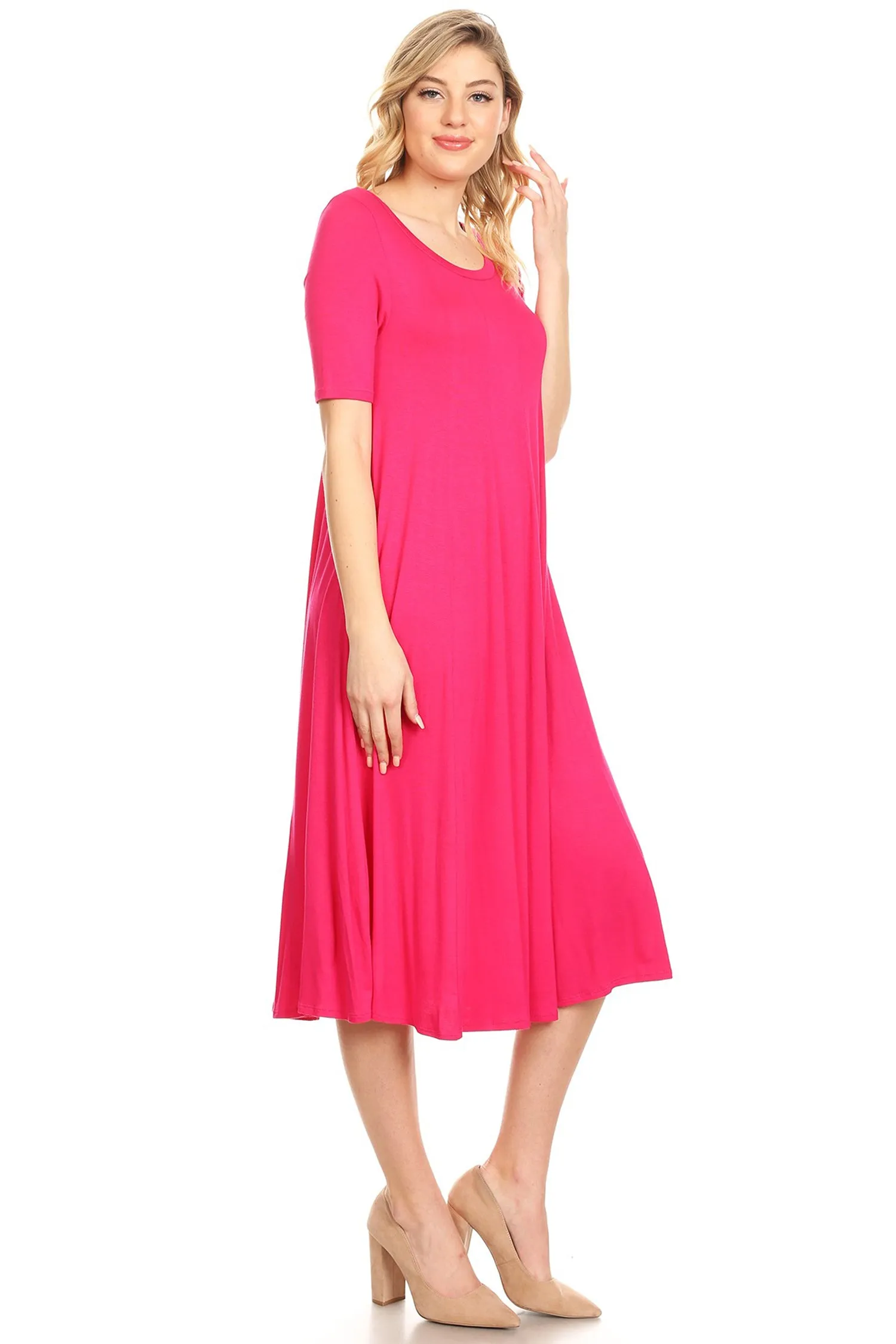 Women's Solid Casual Comfy Short Sleeve Jersey Knit A-Line Midi Dress