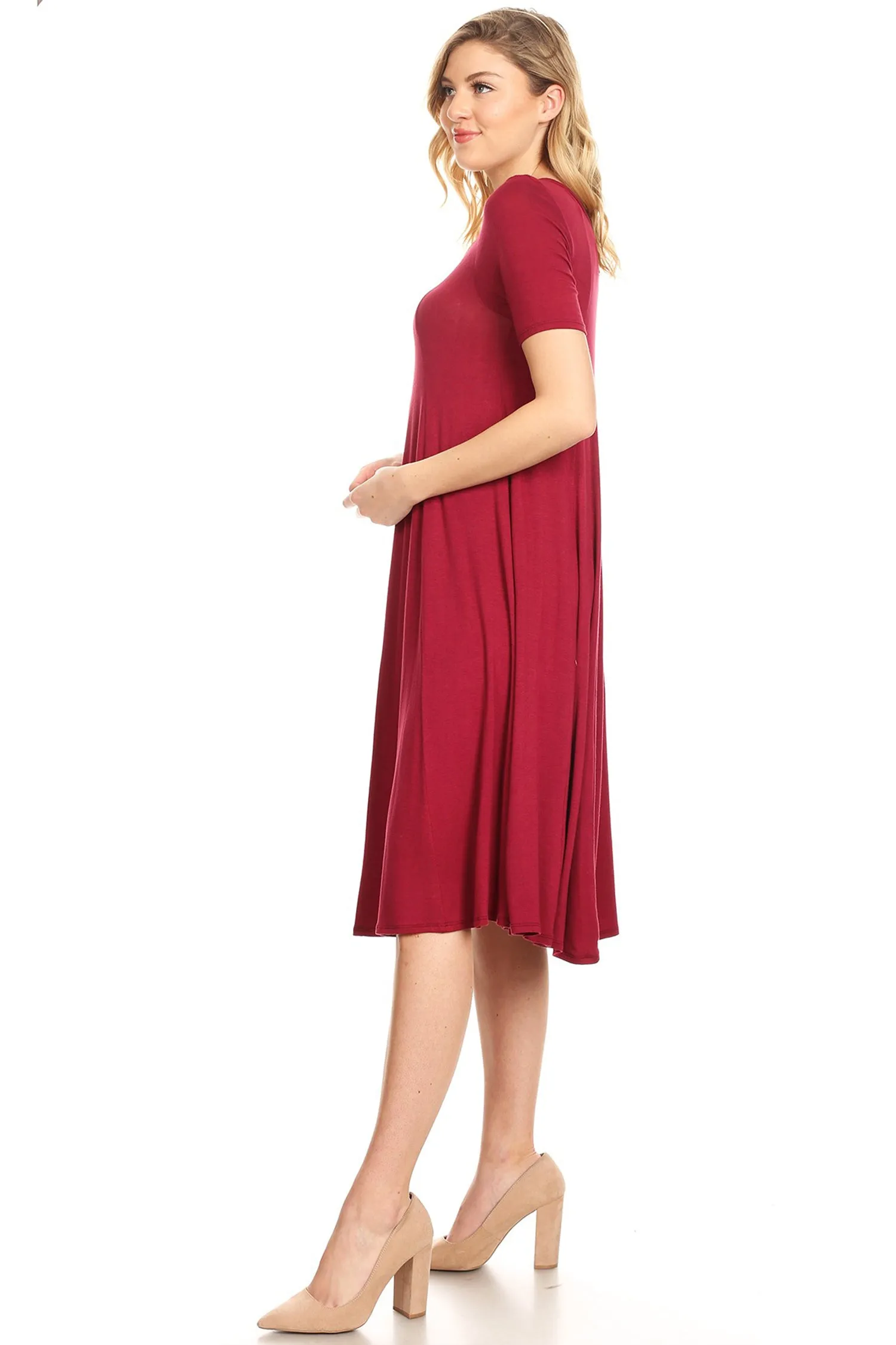 Women's Solid Casual Comfy Short Sleeve Jersey Knit A-Line Midi Dress