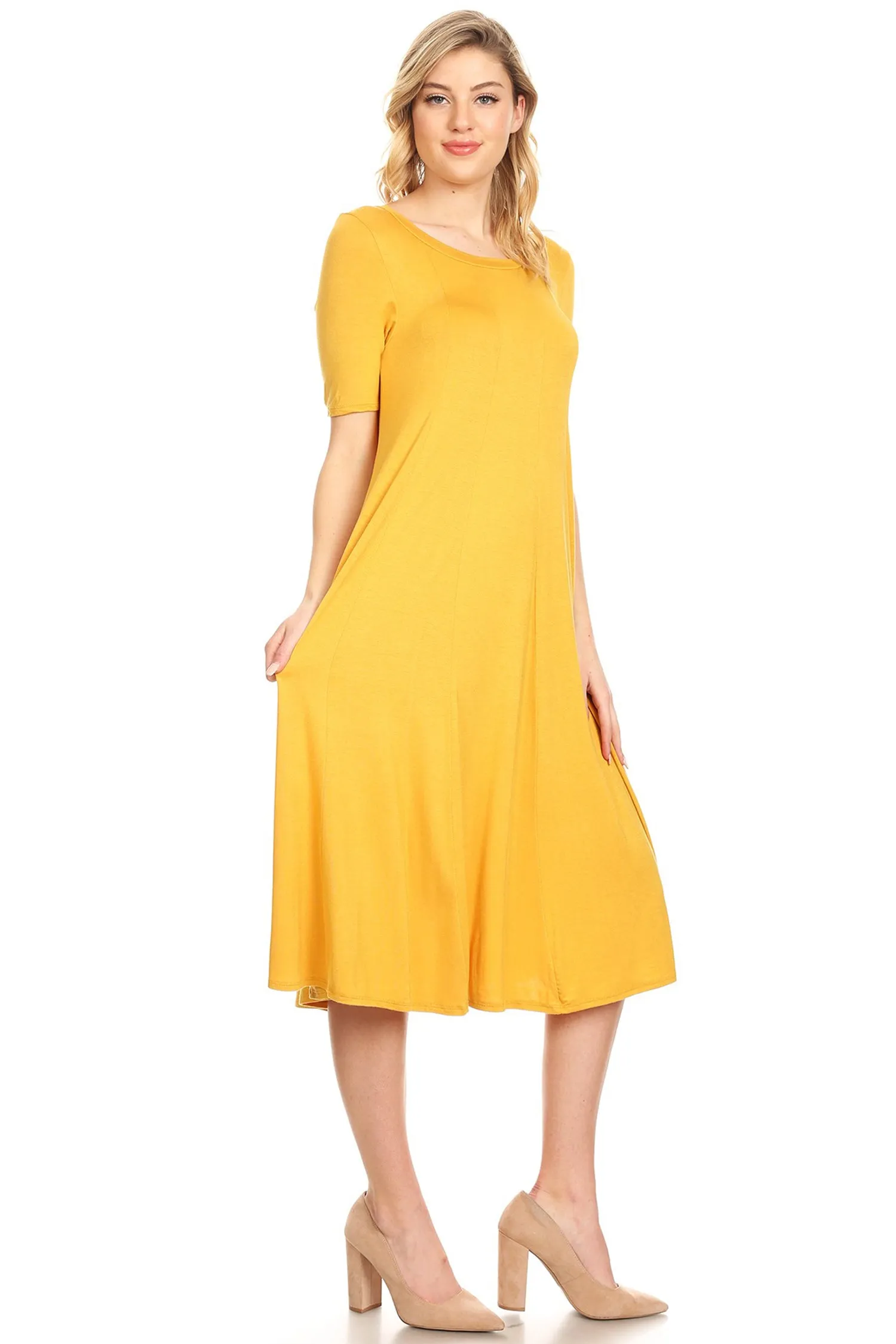 Women's Solid Casual Comfy Short Sleeve Jersey Knit A-Line Midi Dress