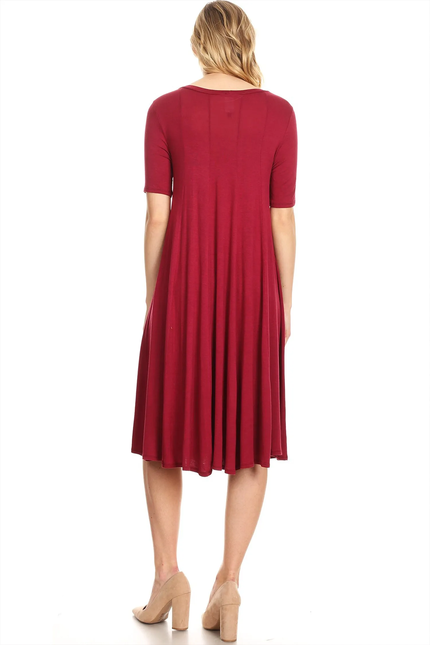 Women's Solid Casual Comfy Short Sleeve Jersey Knit A-Line Midi Dress