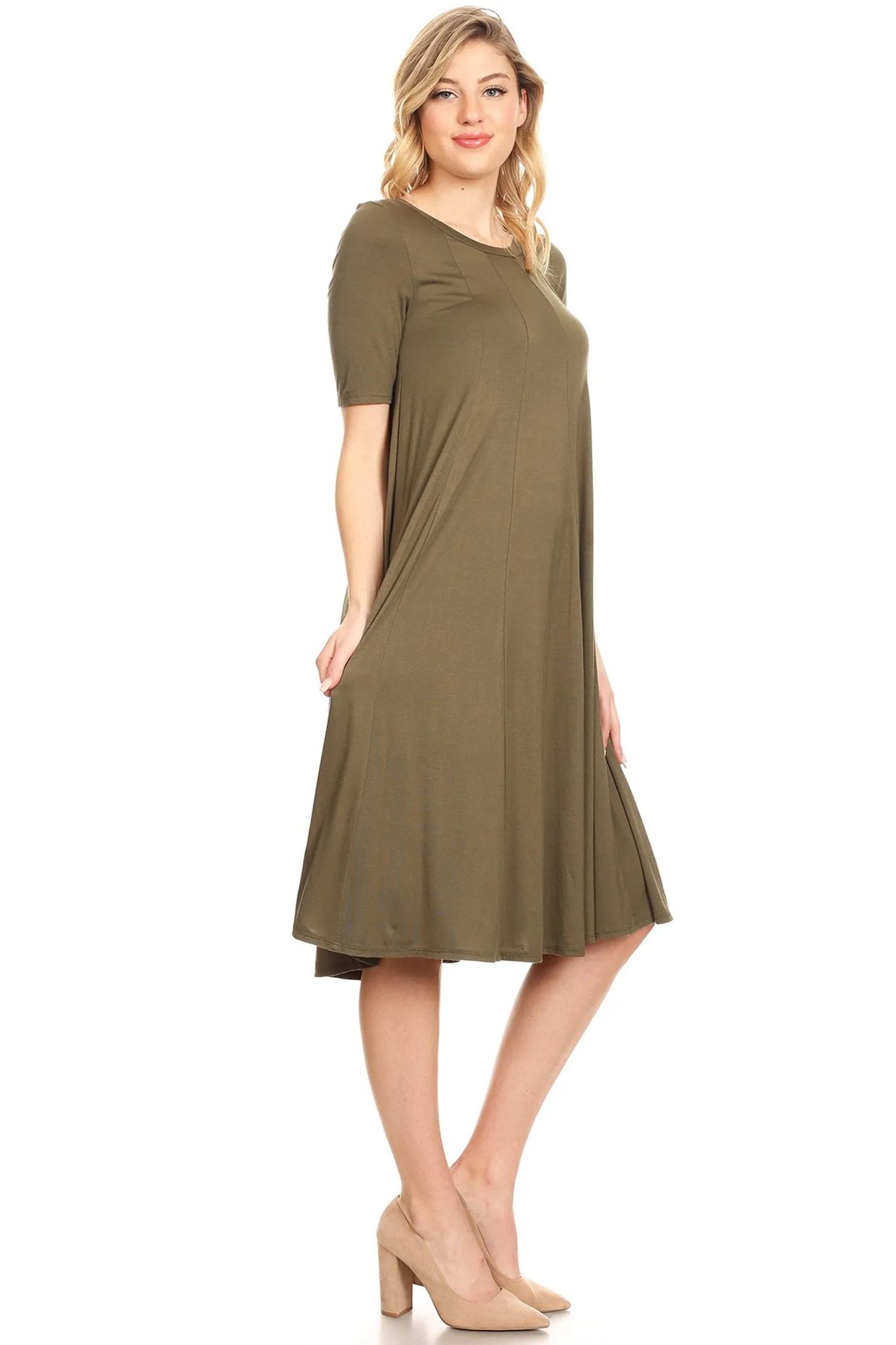 Women's Solid Casual Comfy Short Sleeve Jersey Knit A-Line Midi Dress