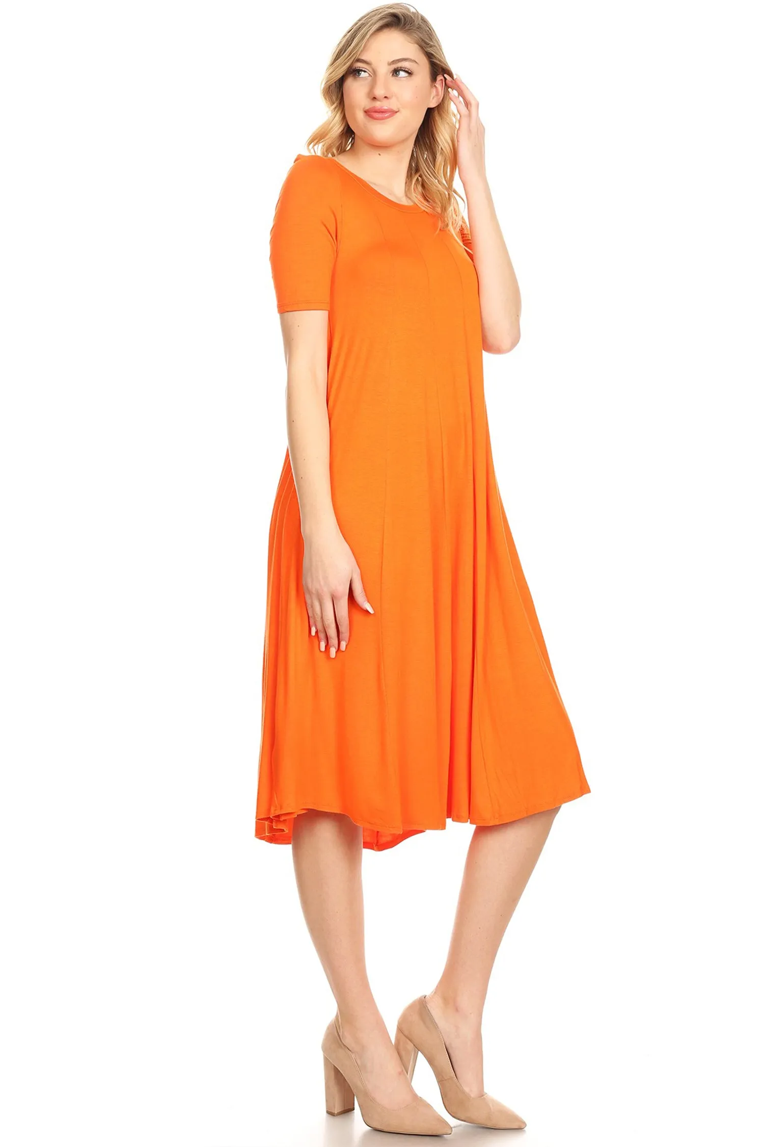 Women's Solid Casual Comfy Short Sleeve Jersey Knit A-Line Midi Dress