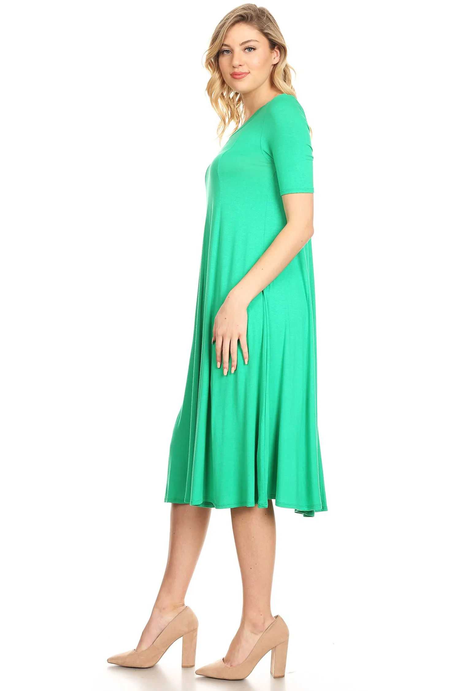 Women's Solid Casual Comfy Short Sleeve Jersey Knit A-Line Midi Dress