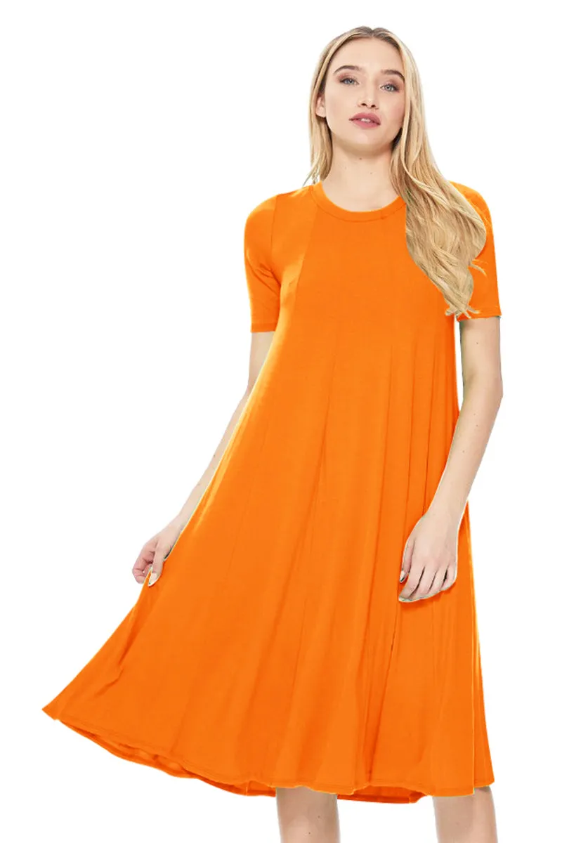 Women's Solid Casual Comfy Short Sleeve Jersey Knit A-Line Midi Dress
