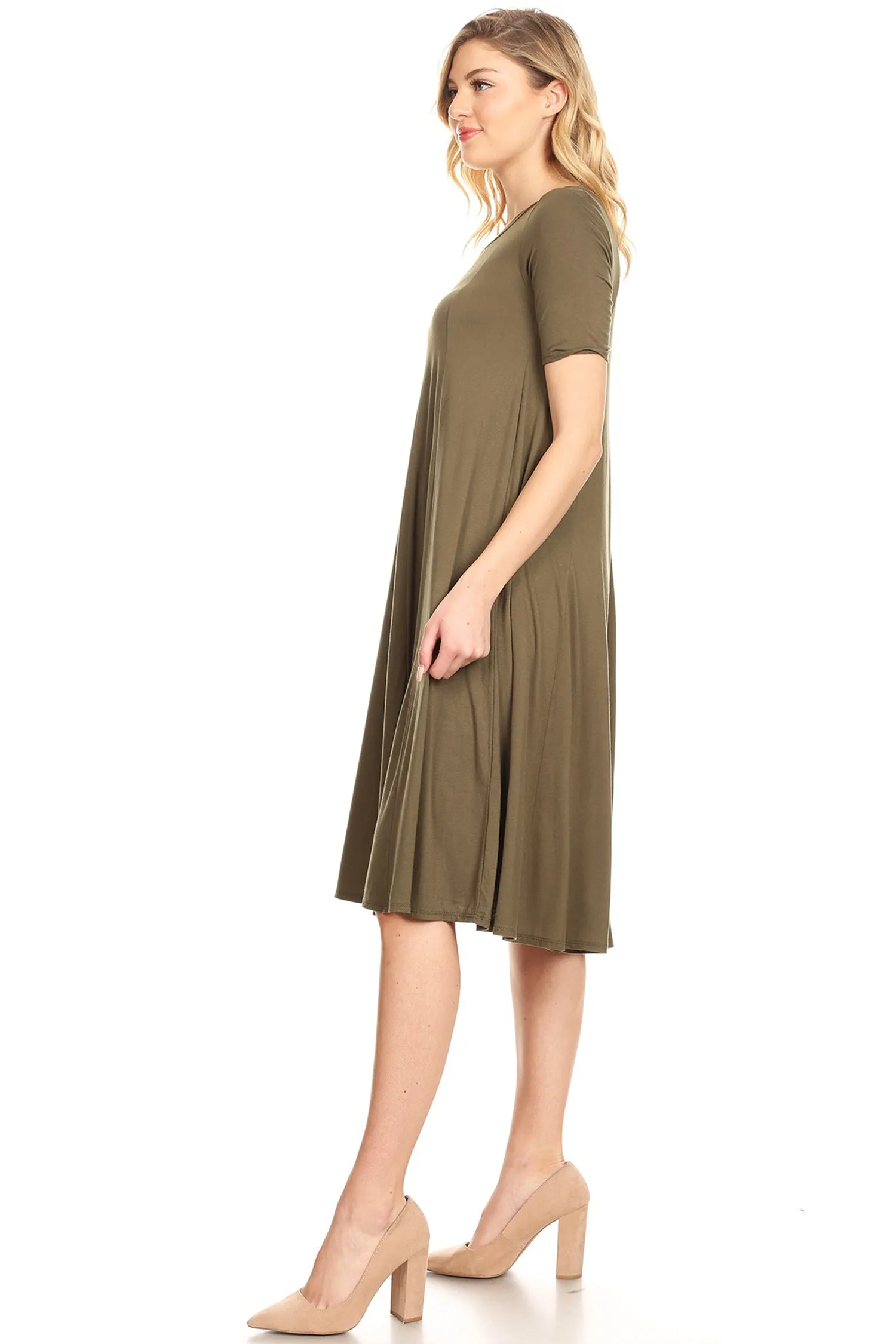 Women's Solid Casual Comfy Short Sleeve Jersey Knit A-Line Midi Dress