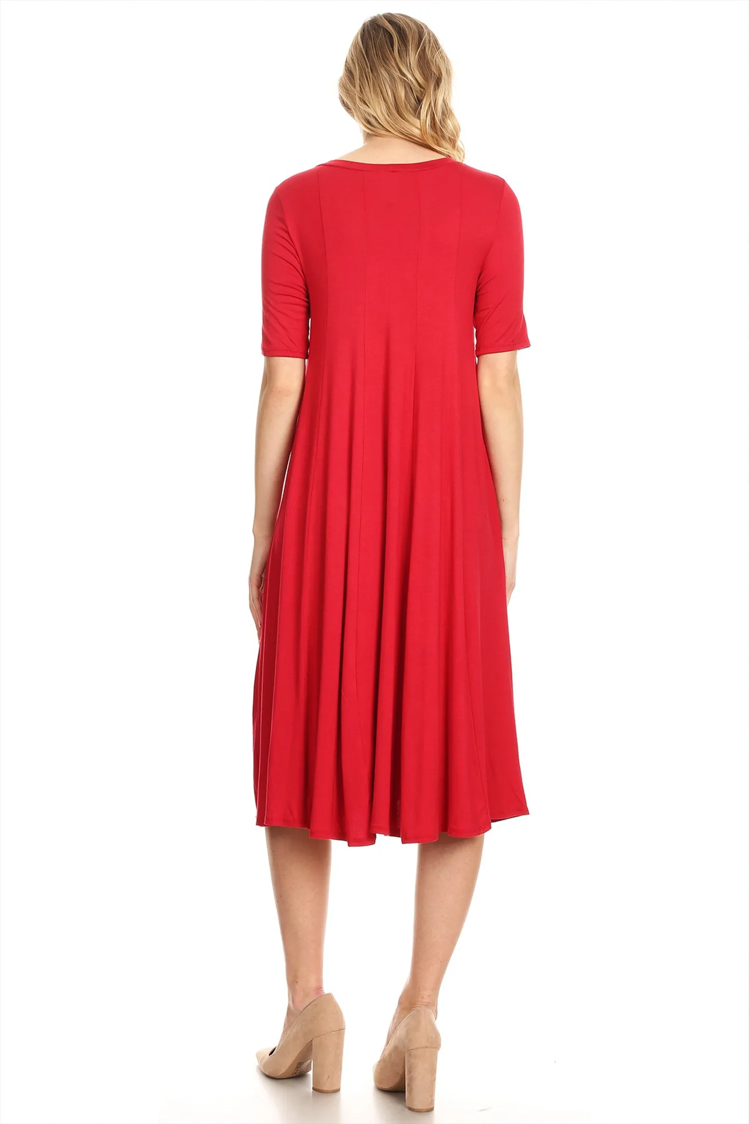 Women's Solid Casual Comfy Short Sleeve Jersey Knit A-Line Midi Dress