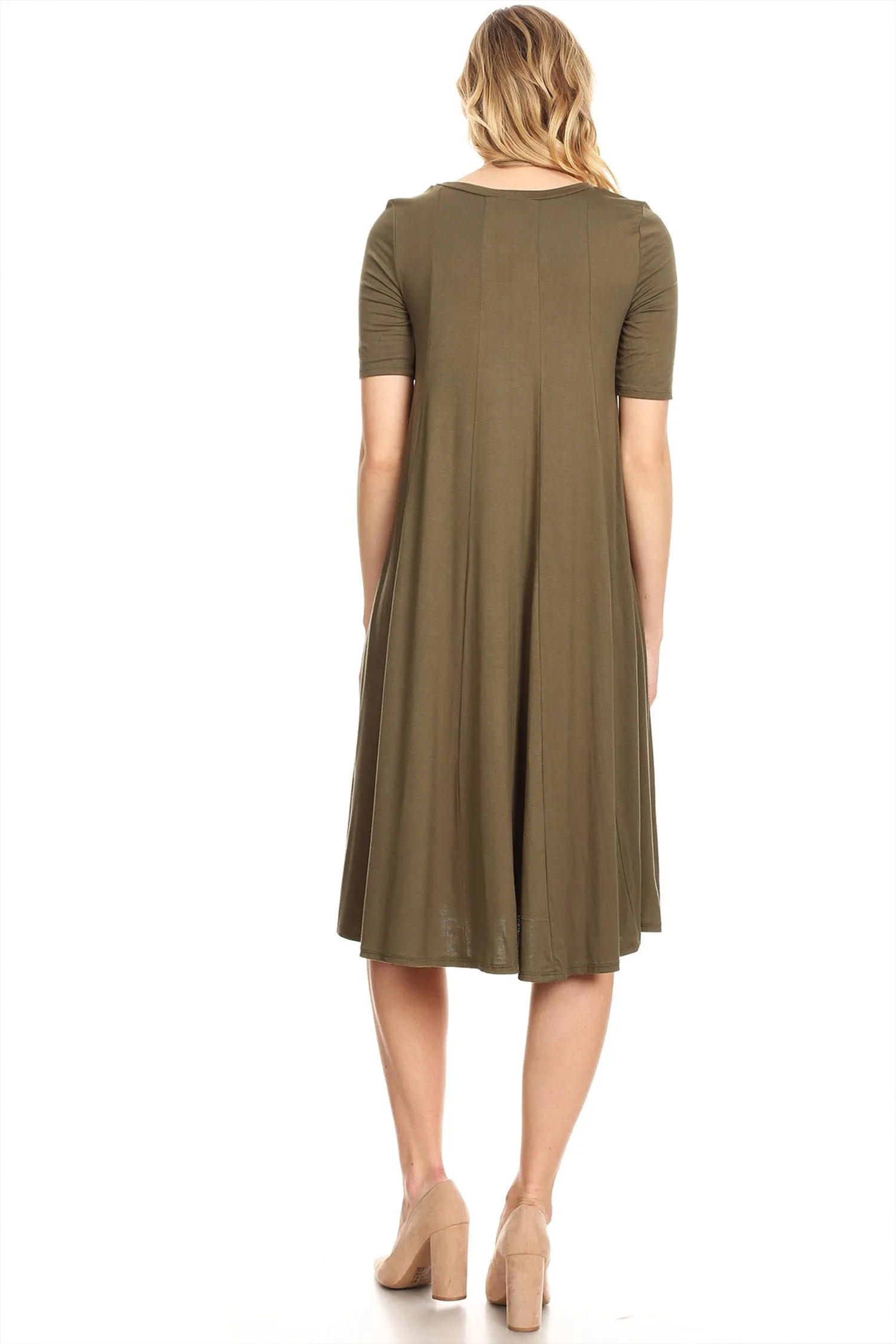 Women's Solid Casual Comfy Short Sleeve Jersey Knit A-Line Midi Dress