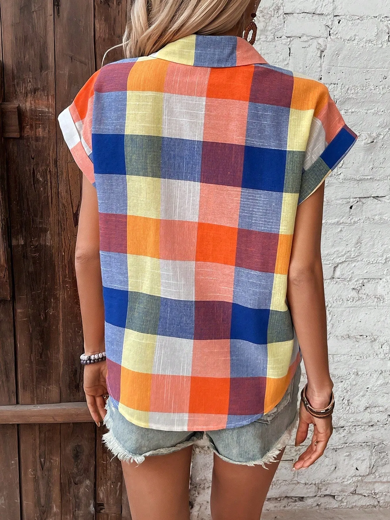 Women's Summer Casual Plaid Batwing Sleeve Shirt