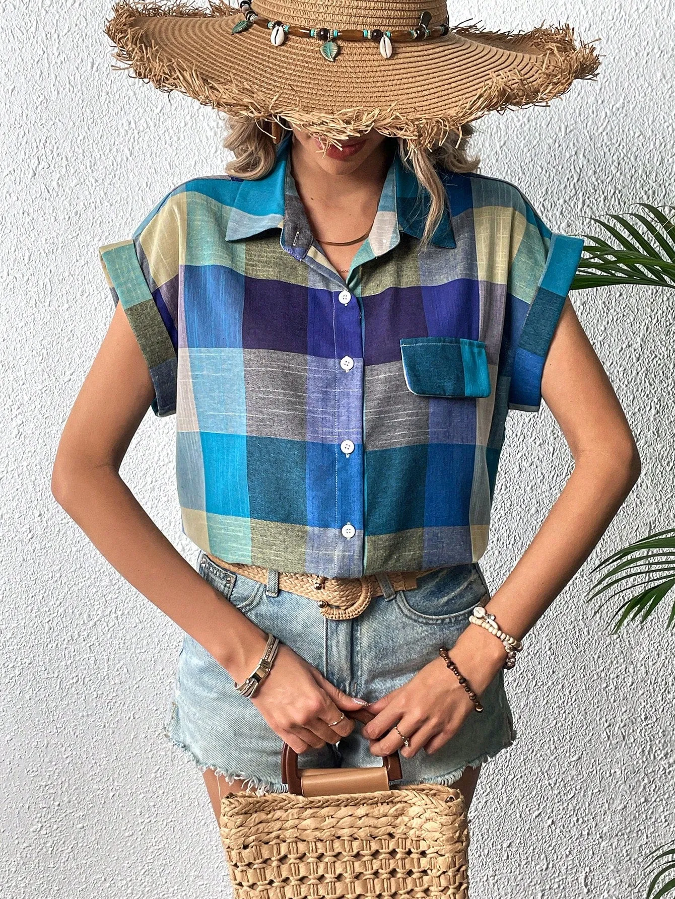 Women's Summer Casual Plaid Batwing Sleeve Shirt