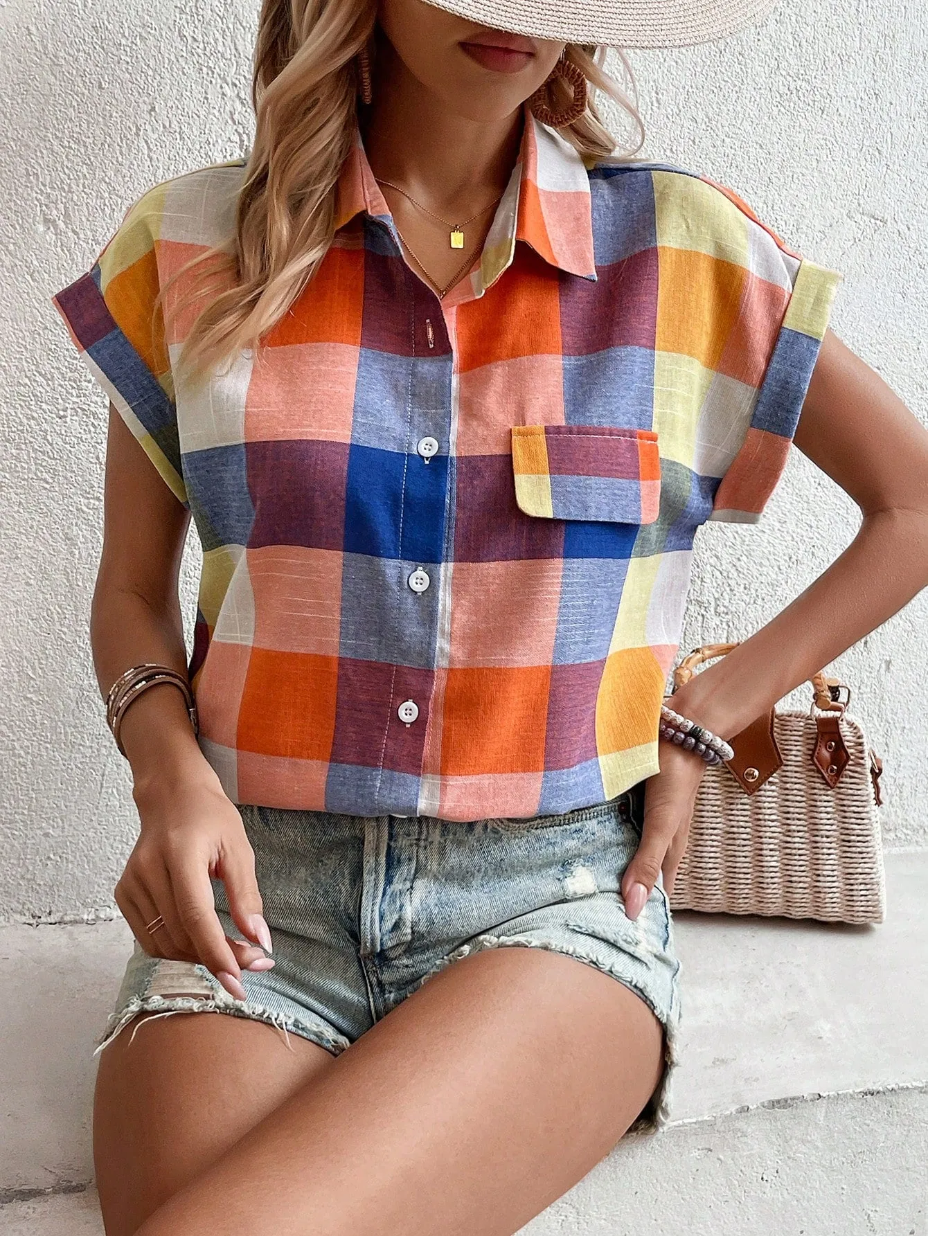 Women's Summer Casual Plaid Batwing Sleeve Shirt