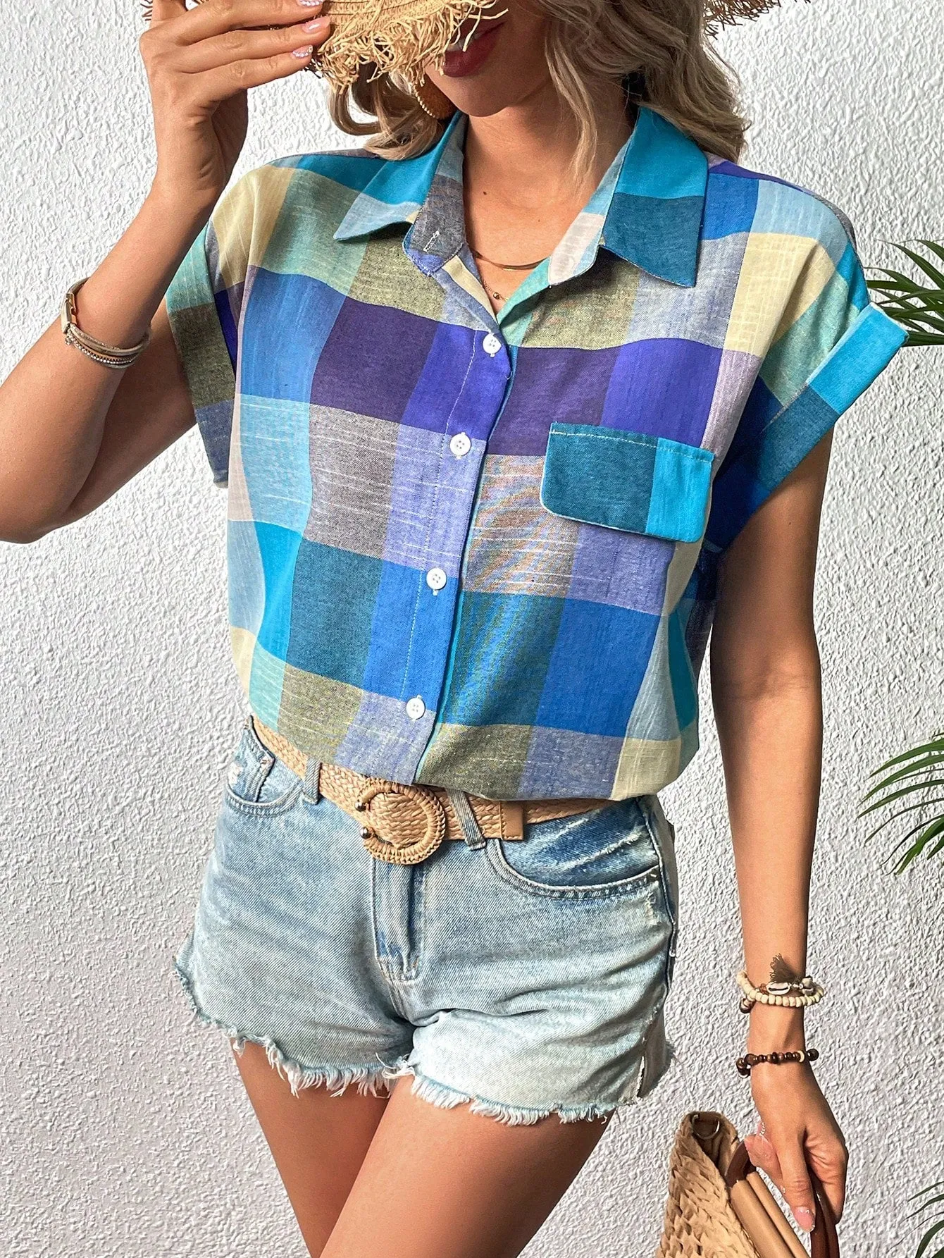Women's Summer Casual Plaid Batwing Sleeve Shirt
