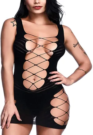 WOOSIFUN Women Sexy Fishnet Lingerie Sleepwear V-Neck Babydoll Chemise Nightwear Mini Teddy Dress Dress One Size Black