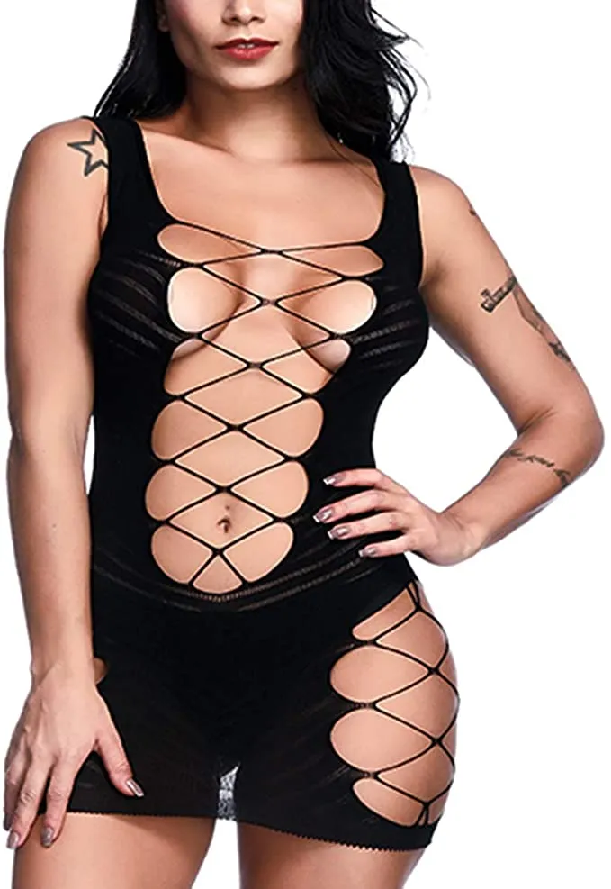 WOOSIFUN Women Sexy Fishnet Lingerie Sleepwear V-Neck Babydoll Chemise Nightwear Mini Teddy Dress Dress One Size Black