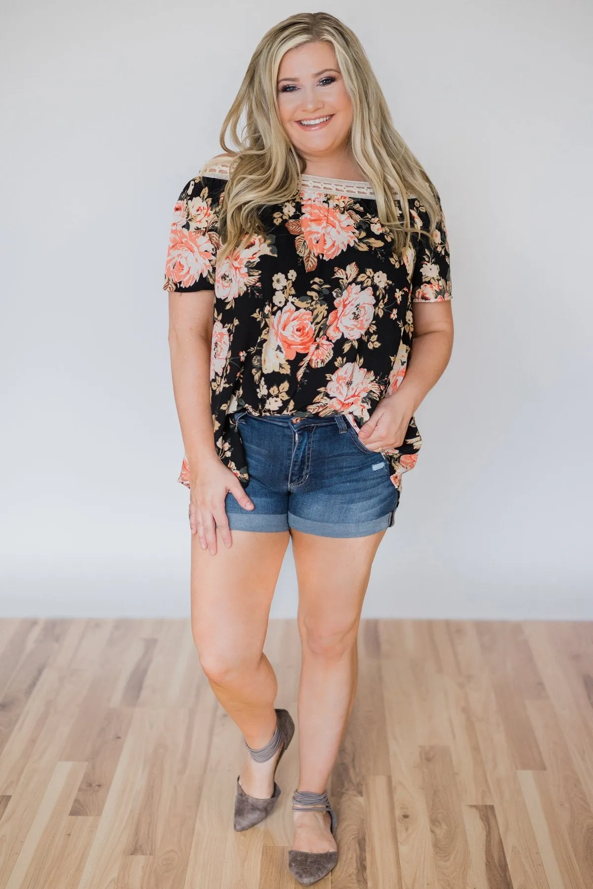 Woven Into Perfection Off the Shoulder Floral Top- Black