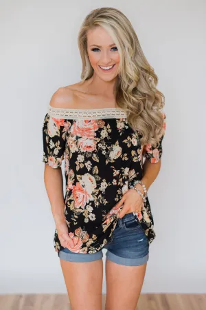 Woven Into Perfection Off the Shoulder Floral Top- Black