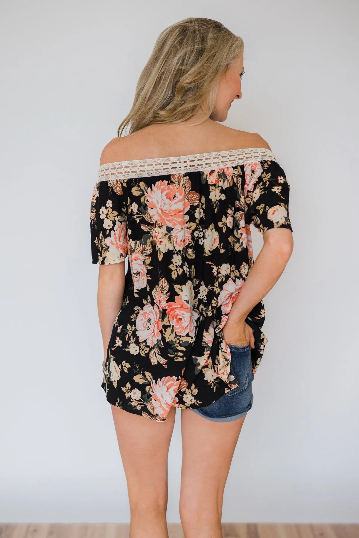 Woven Into Perfection Off the Shoulder Floral Top- Black