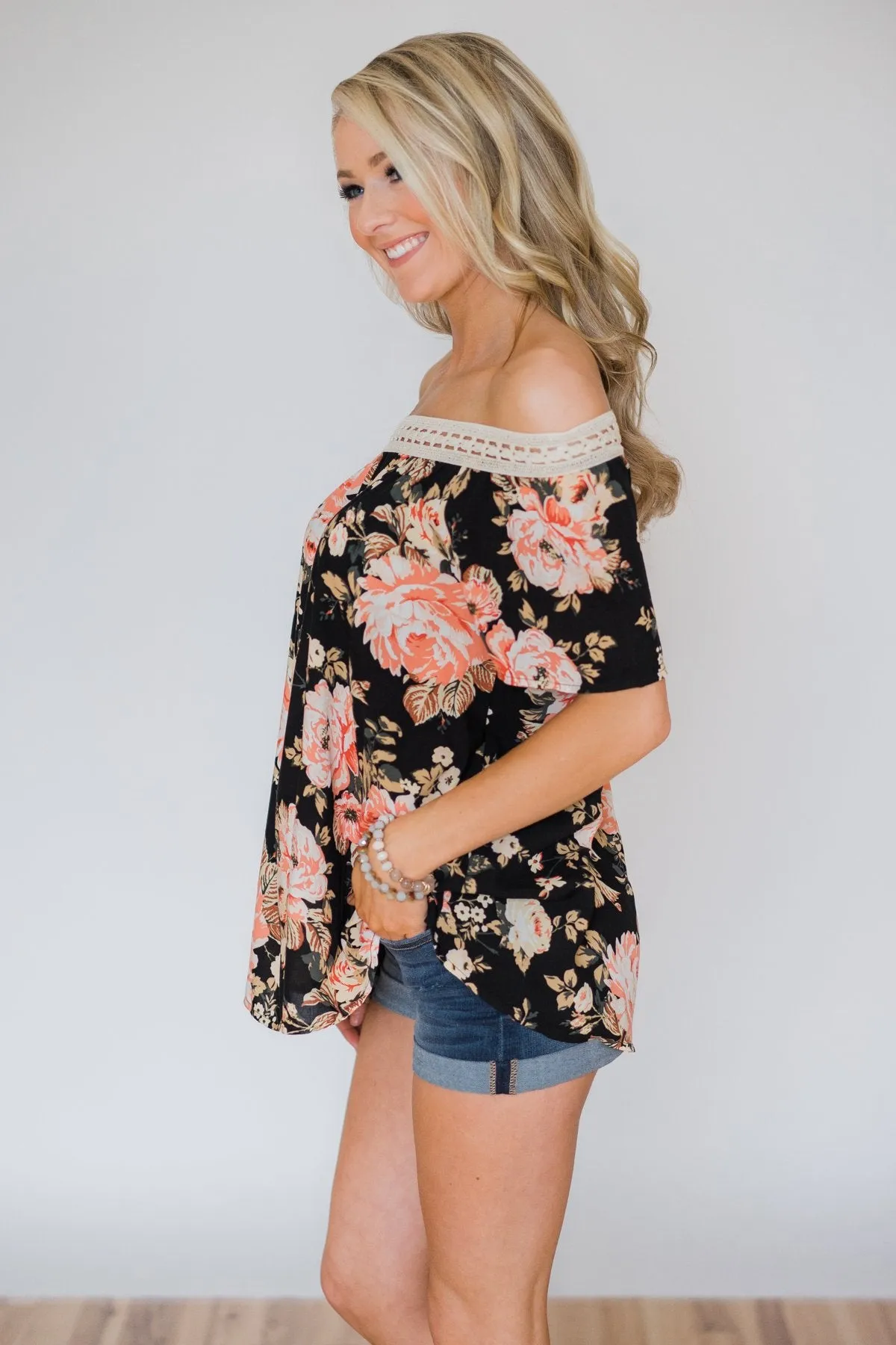 Woven Into Perfection Off the Shoulder Floral Top- Black