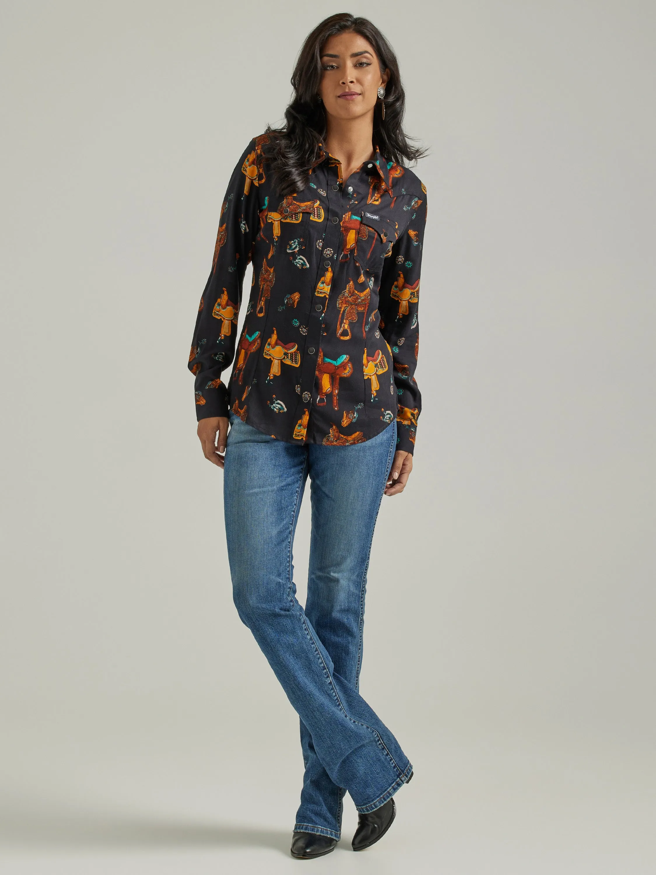 Wrangler Women's Retro Black Saddle Up Western Snap Shirt