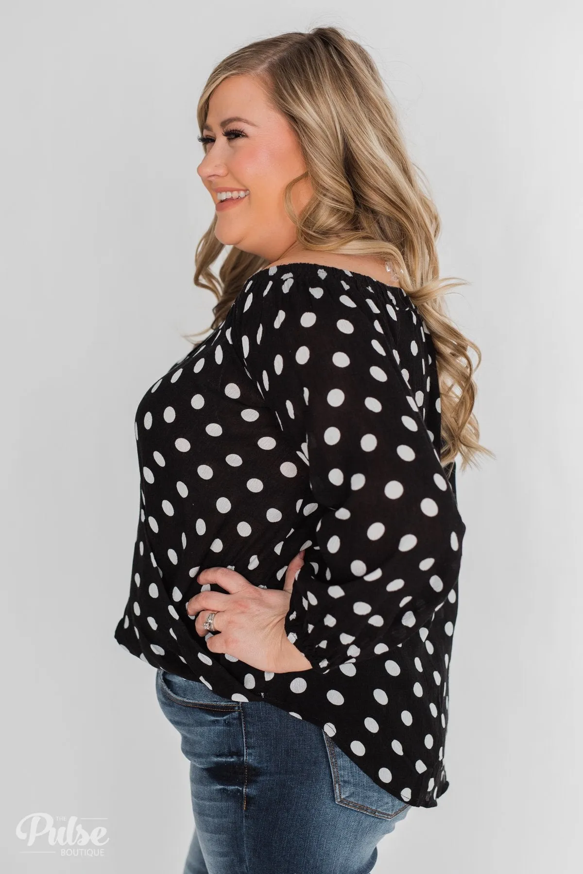 Wrapped Up In Polka Dots Off The Shoulder Blouse- Black