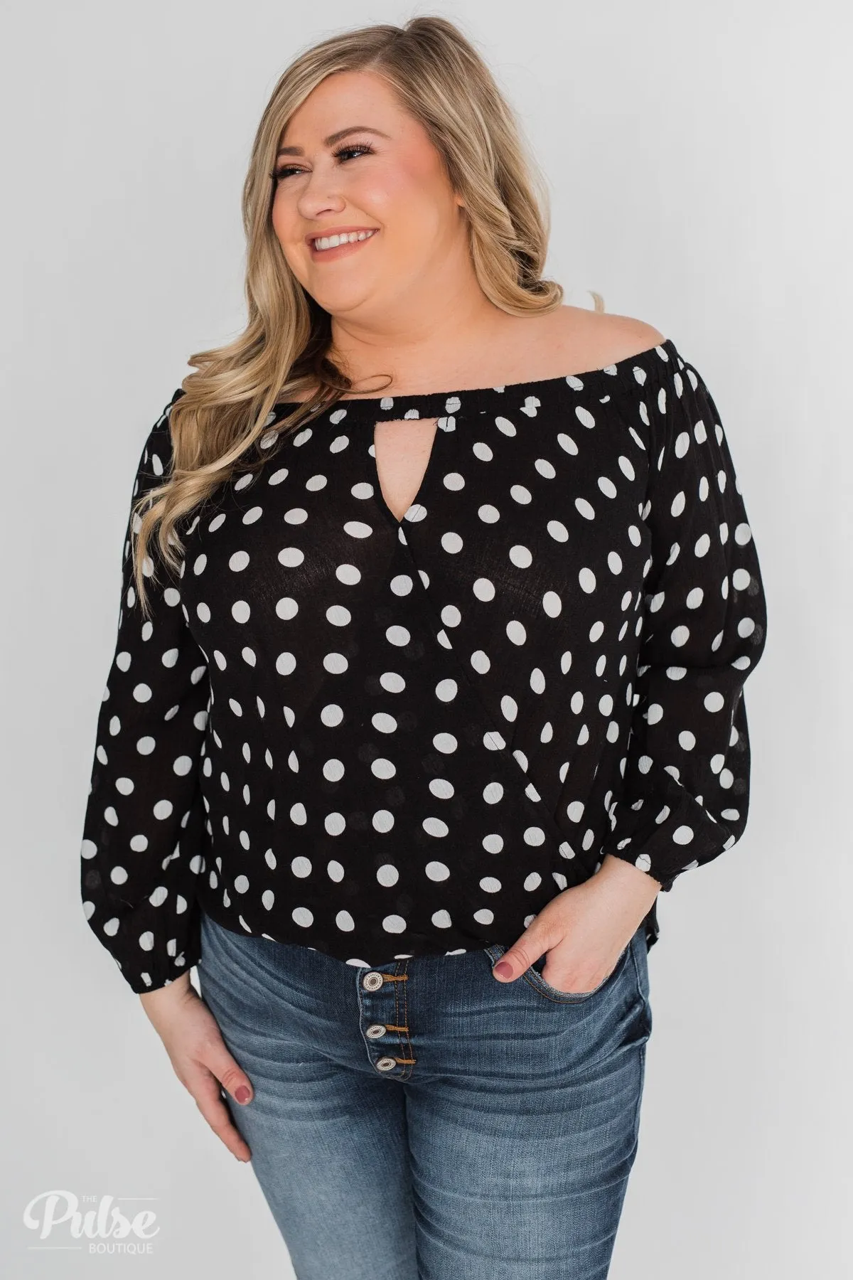 Wrapped Up In Polka Dots Off The Shoulder Blouse- Black