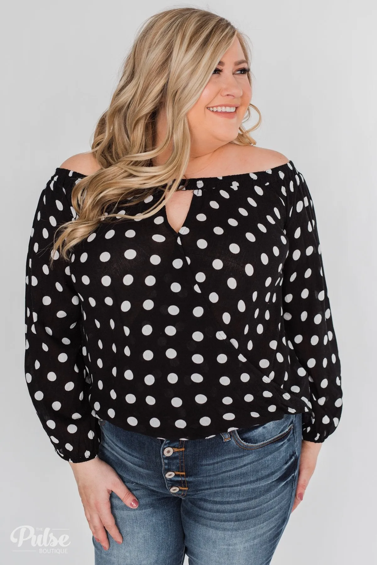 Wrapped Up In Polka Dots Off The Shoulder Blouse- Black