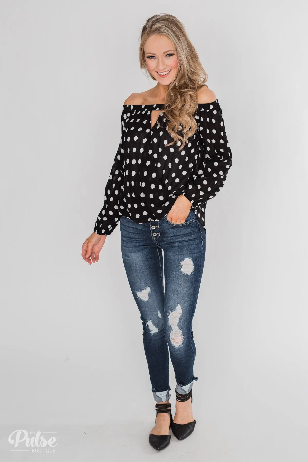 Wrapped Up In Polka Dots Off The Shoulder Blouse- Black