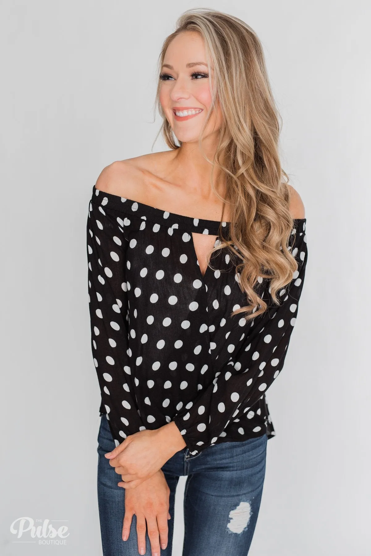 Wrapped Up In Polka Dots Off The Shoulder Blouse- Black