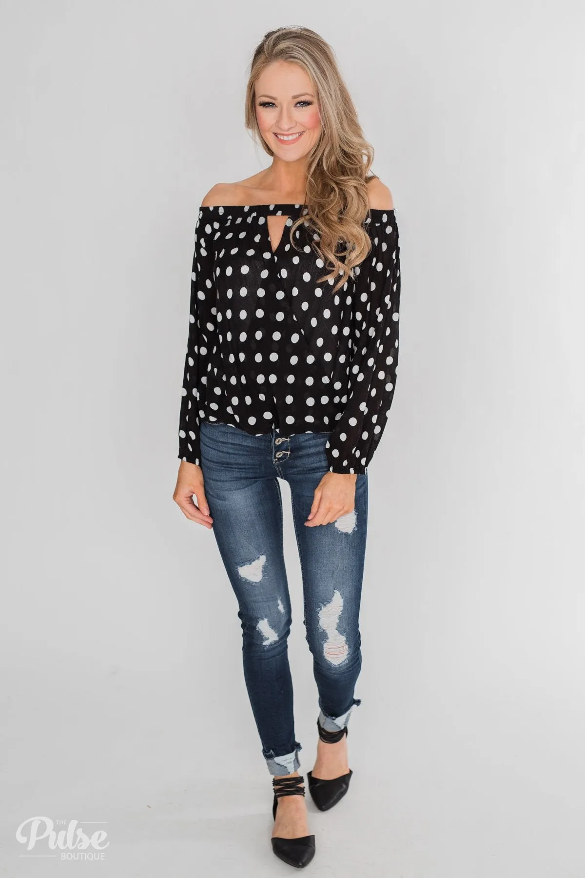 Wrapped Up In Polka Dots Off The Shoulder Blouse- Black