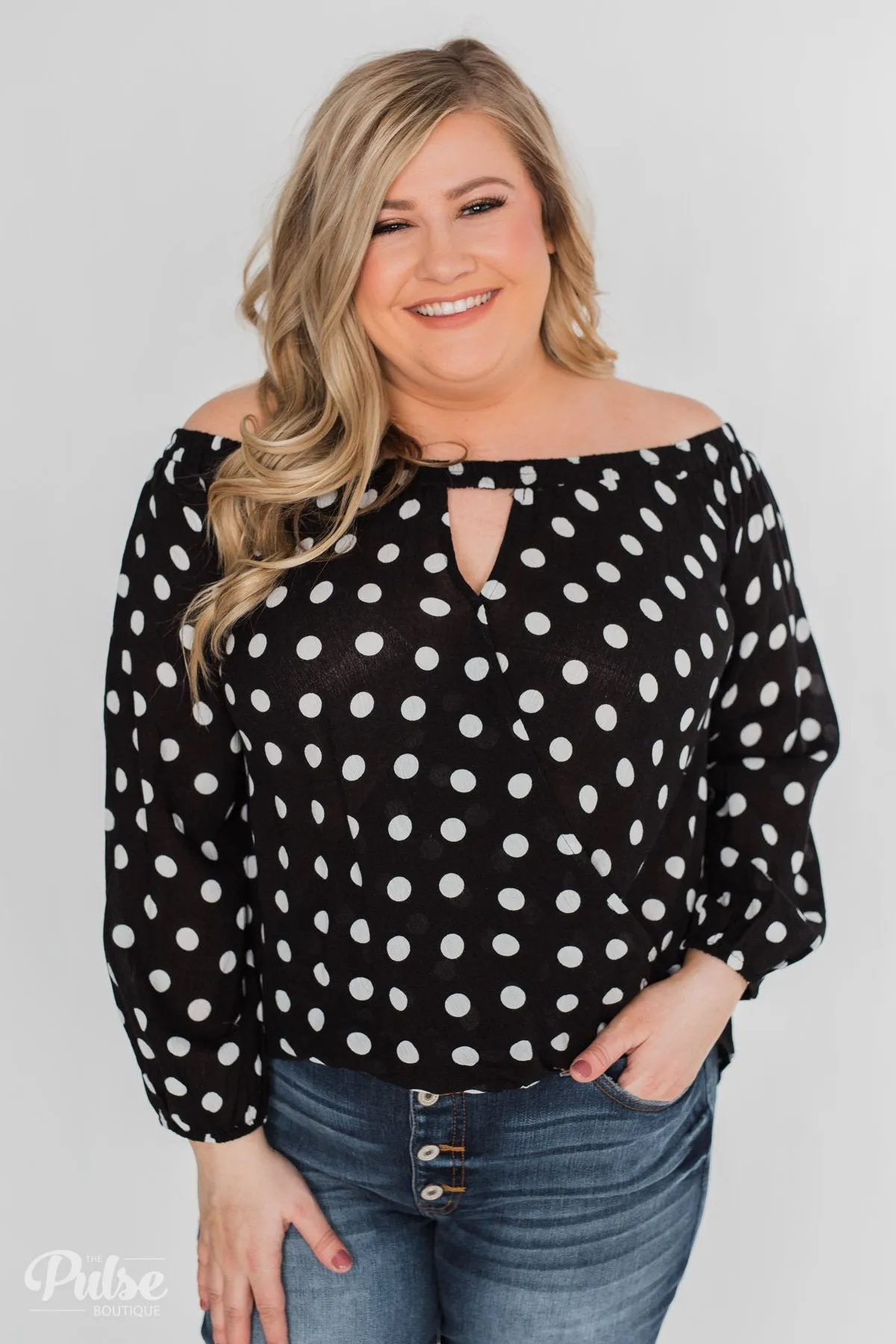 Wrapped Up In Polka Dots Off The Shoulder Blouse- Black