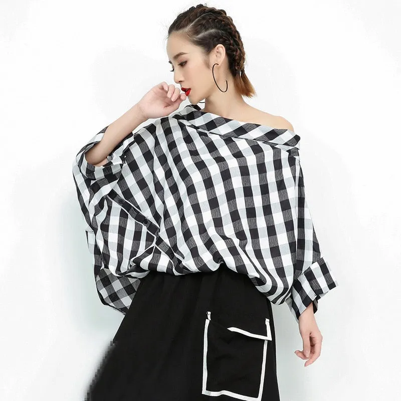 Yuki Checkered Slash Neck Blouse