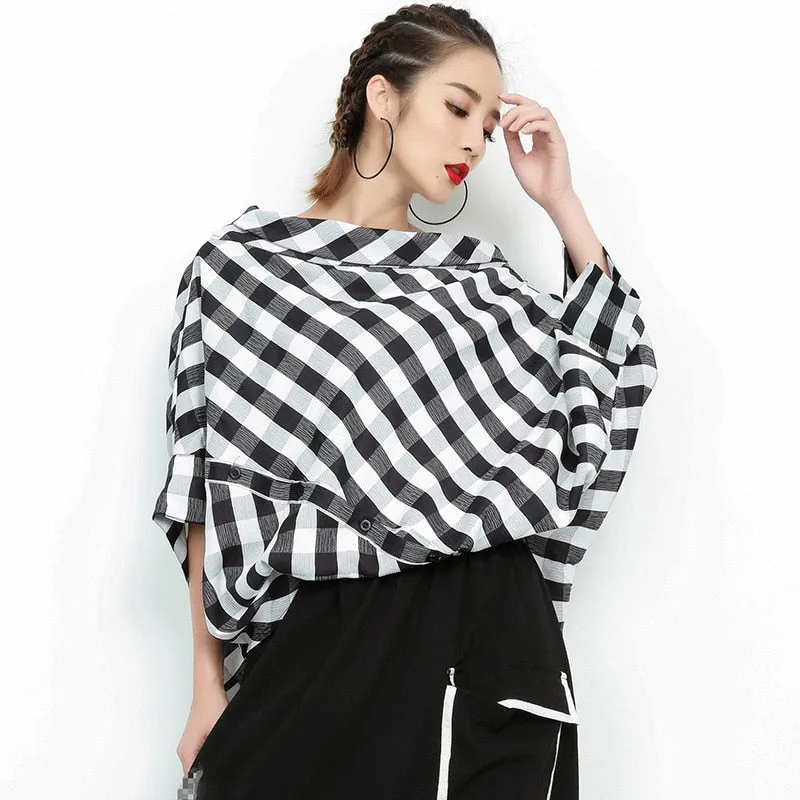Yuki Checkered Slash Neck Blouse