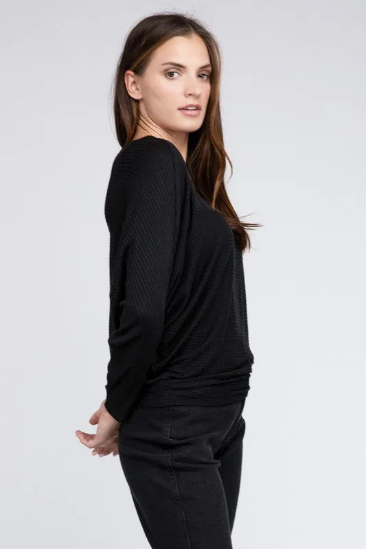 ZENANA Ribbed Batwing Long Sleeve Boat Neck Sweater