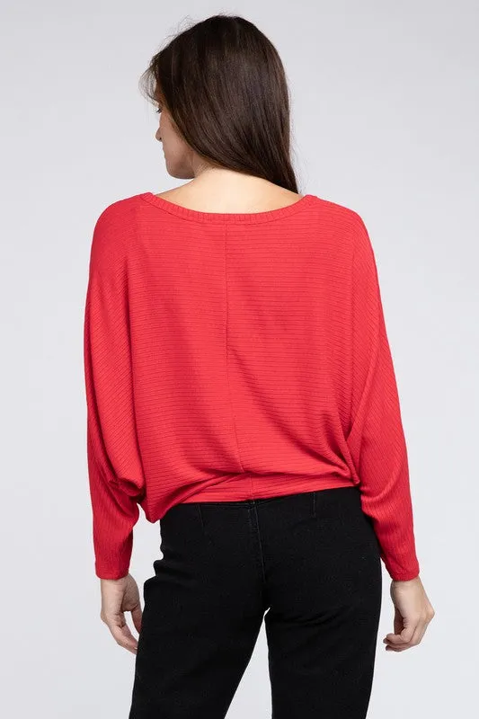 ZENANA Ribbed Batwing Long Sleeve Boat Neck Sweater