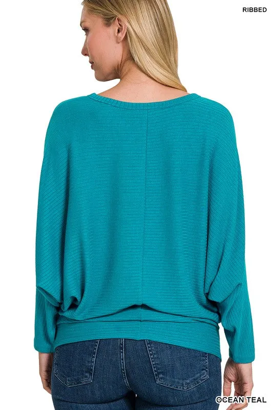 ZENANA Ribbed Batwing Long Sleeve Boat Neck Sweater