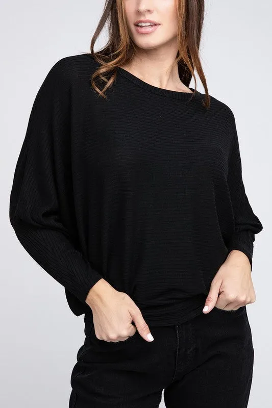 ZENANA Ribbed Batwing Long Sleeve Boat Neck Sweater
