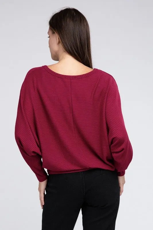 ZENANA Ribbed Batwing Long Sleeve Boat Neck Sweater
